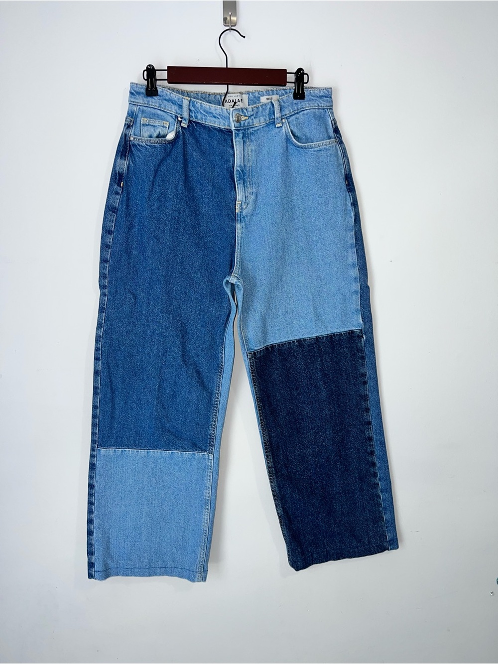 Adalae Two Tone Patchwork Jeans 10 High Waist Wide Leg Color Block Denim Y2K